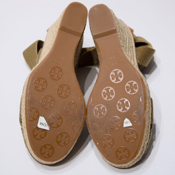 Tory Burch Adonis Wedge Espadrilles Sandals Army Green & Beige Women Size 9B - Picture 6 of 16